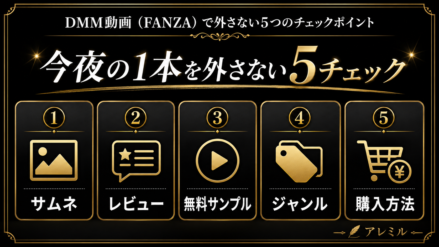 DMM動画（FANZA）で今夜の1本を選ぶ前に確認したいサムネイル、レビュー、無料サンプル、ジャンル、購入方法の5項目を示した図解。 