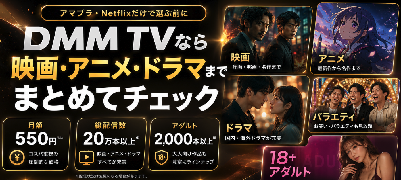 DMM TVの月額550円や映画アニメドラマ大人向けコンテンツをまとめた画像
