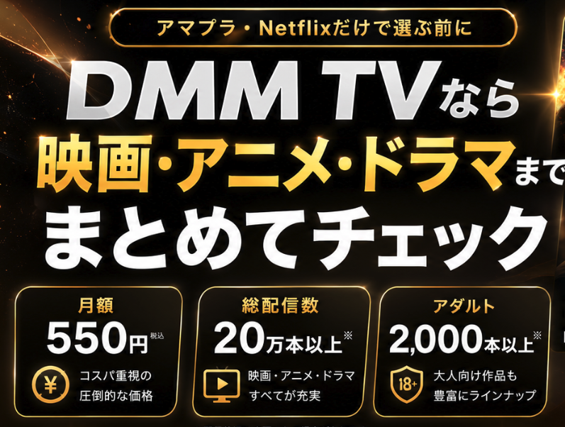 DMM TVなら映画アニメドラマまでまとめてチェックできることを示した画像